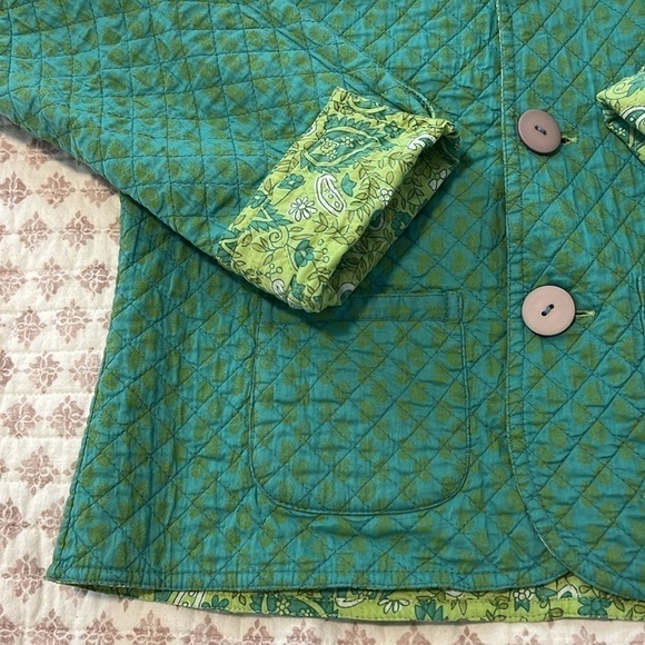 Vintage Quilted Reversible Norm Thompson Green Teal Paisley Print Cotton Jacket - Picture 8 of 16